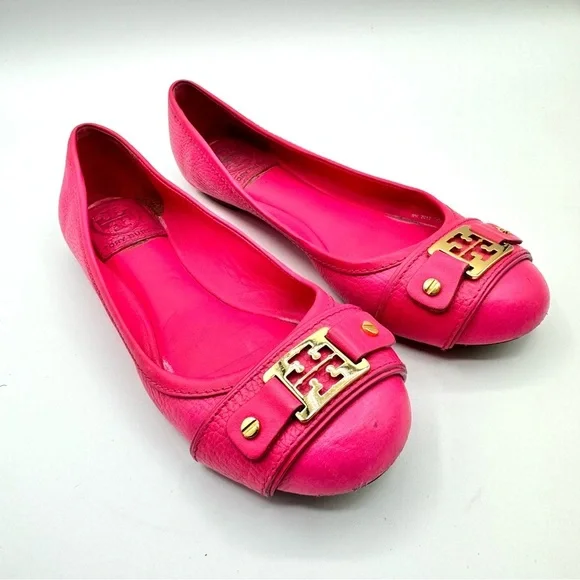 TORY BURCH PINK LEATHER LOAFER BALLERINA FLATS GOLD ORNEMENTS SIZE 6 - Picture 9 of 17